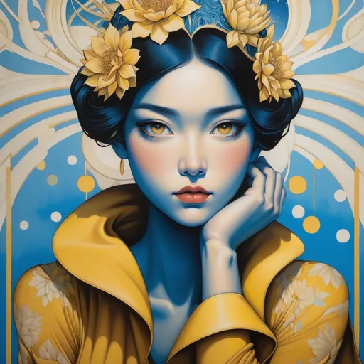 Prompt: a painting of a woman with a headpiece on her head and a yellow dress on her shoulders, with a blue background, Audrey Kawasaki, art deco, tristan eaton, an art deco painting