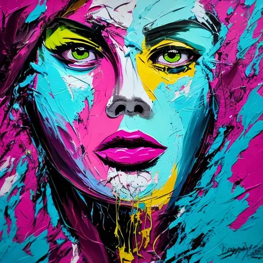 Prompt: Magenta and turquoise paint splatter woman, abstract art, vibrant colors, high energy, acrylic painting, fluid motion, dynamic composition, expressive brushstrokes, vibrant and lively, modern art, energetic, best quality, highres, acrylic painting, abstract, dynamic colors, energetic composition, vibrant artwork, expressive brushwork,facial closeup
