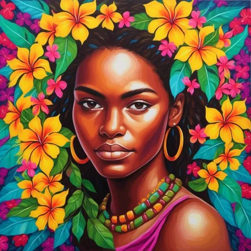 Prompt: <mymodel> Painting of the portrait of a pretty Melanesian woman,  dark brown eyes, wearing cocontractant leaves crown and hibiscus flowers on her left ear. She has long thick afro hair, a black skin and she is surrounded by tropical nature and flowers.