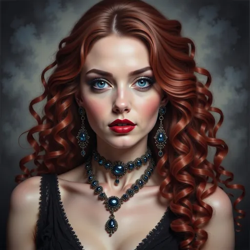 Prompt: a woman with long hair and a necklace on her neck and a red lipstick on her cheek and a black dress, Carla Wyzgala, gothic art, highly detailed digital painting, a photorealistic painting