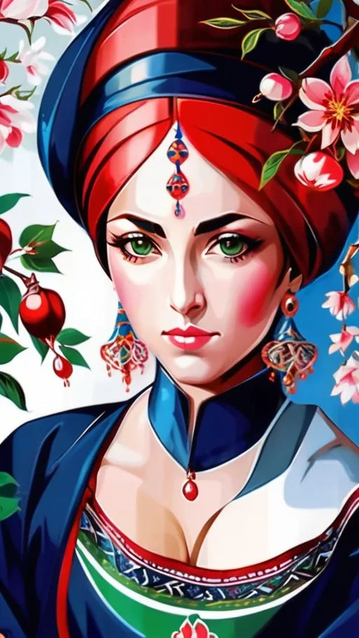 Prompt: A colorful design in the dimensions of 140x140 centimeters, its main theme is white and red, there are pomegranates and cherry blossoms in it, and some green leaves and branches and traditional Iranian designs are used, and there are small birds in it.