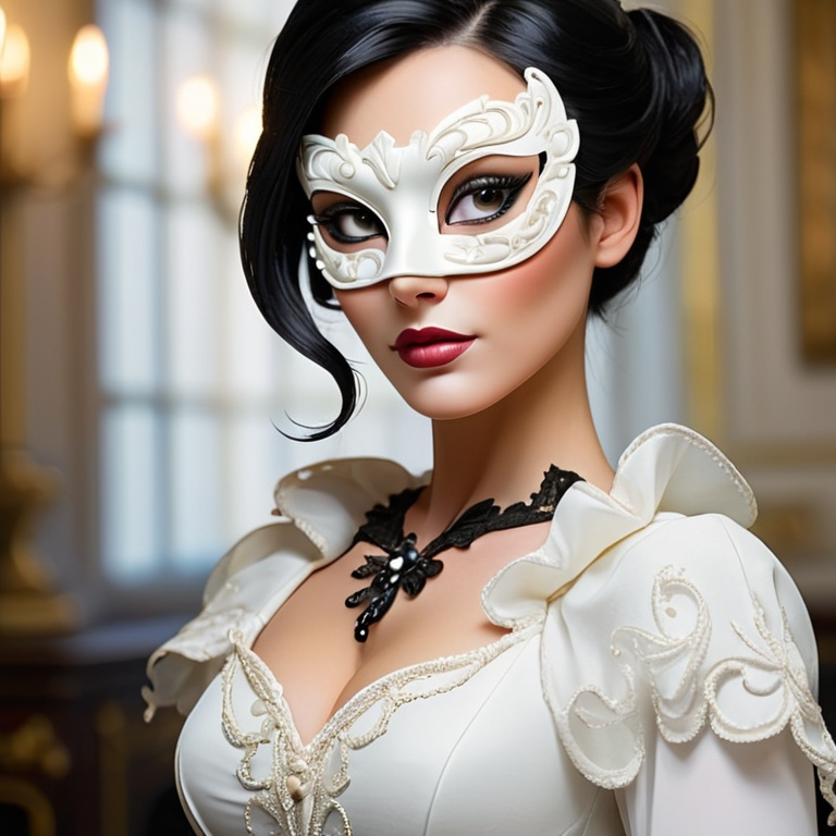 Prompt: white masquerade mask worn by an elegant lady with black hair, facial closeup