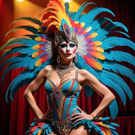 Prompt: (flamboyant show girl), vibrant colors, sparkling costumes, elaborate feathered headdress, dramatic lighting, dynamic pose, glamorous stage setting, intense spotlight, captivating expression, luxurious sequins, high-energy, lively background, circus-inspired ambiance, ultra-detailed, high quality, electrifying atmosphere, vivid emotional depth.