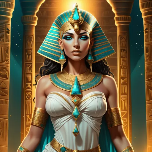 Prompt: Fantasy illustration of a powerful Egyptian sorceress, vibrant gold and teal color palette, ancient pyramids in the background, flowing silk garments with intricate hieroglyphic patterns, majestic headdress adorned with gemstones, mystical glowing staff, high quality, detailed fantasy, Egyptian, mystical, powerful sorceress, gold and teal, ancient pyramids, flowing garments, hieroglyphic patterns, majestic headdress, glowing staff, fantasy illustration, vibrant colors, mystical atmosphere