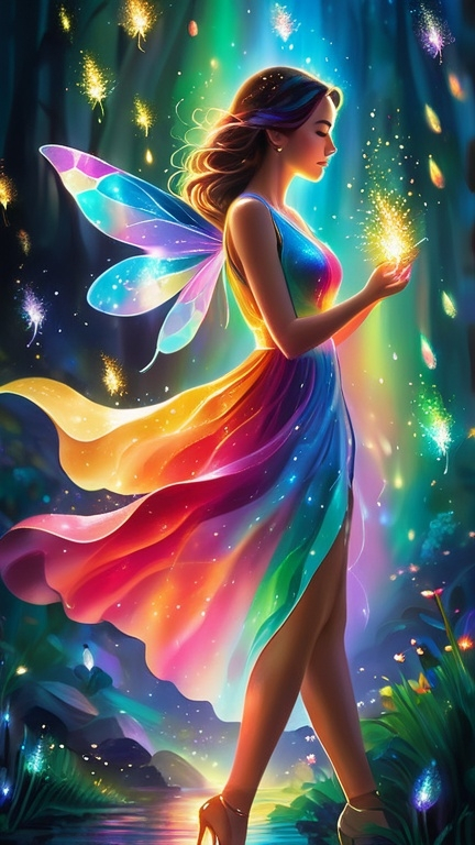 Prompt: A luminous, etherel mesmerizing woman walks among sparkling fireflies, her skin shimmering with a rainbow of colors. She possesses an otherworldly beauty.  This enchanting scene is depicted in a digitally painted illustration, each brushstroke capturing the magical essence of the scene. The vivid colors and exquisite details make this image a truly mesmerizing piece of art.