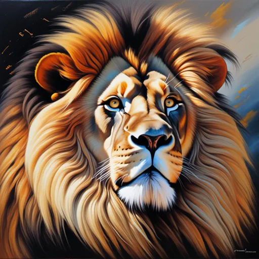 Prompt: <mymodel>Realistic oil painting of a majestic lion, mane blowing in the wind, golden fur with warm undertones, powerful and regal expression, intense and piercing eyes, savannah landscape in the background, high quality, detailed brushwork, realistic, warm tones, natural lighting