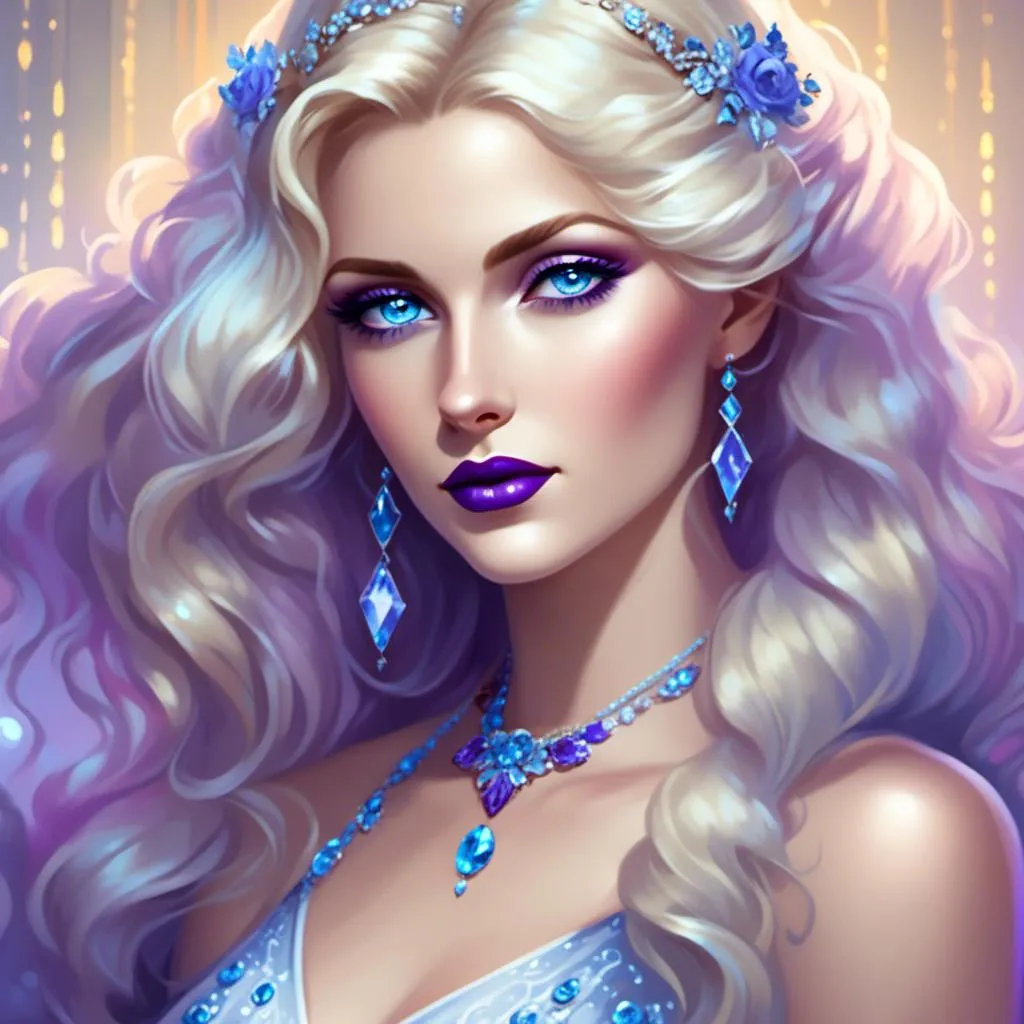 Prompt: <mymodel>Beautiful ethereal woman, long blonde hair,and icy blue eyes color, purple lipstick, facial closeup