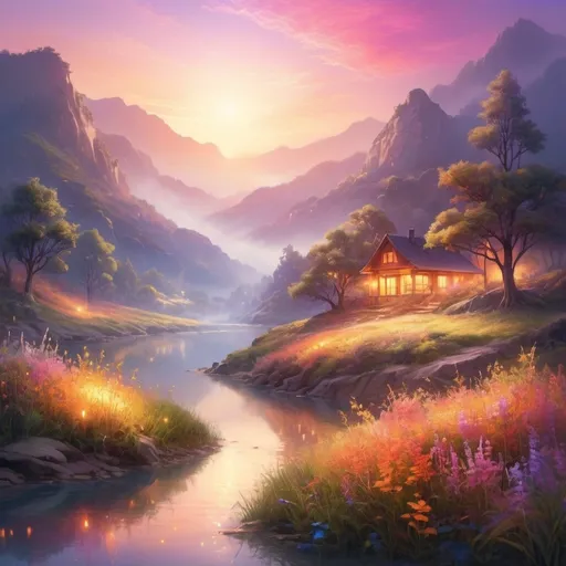 Prompt: (ethereal glow), luminous light radiating, soft illumination, vivid colors, warm ambient tones, magical atmosphere, serene background, enchanting landscapes, high detail, ultra-detailed, vibrant, dreamlike scenery, shimmering reflections, calming hues, captivating visual experience