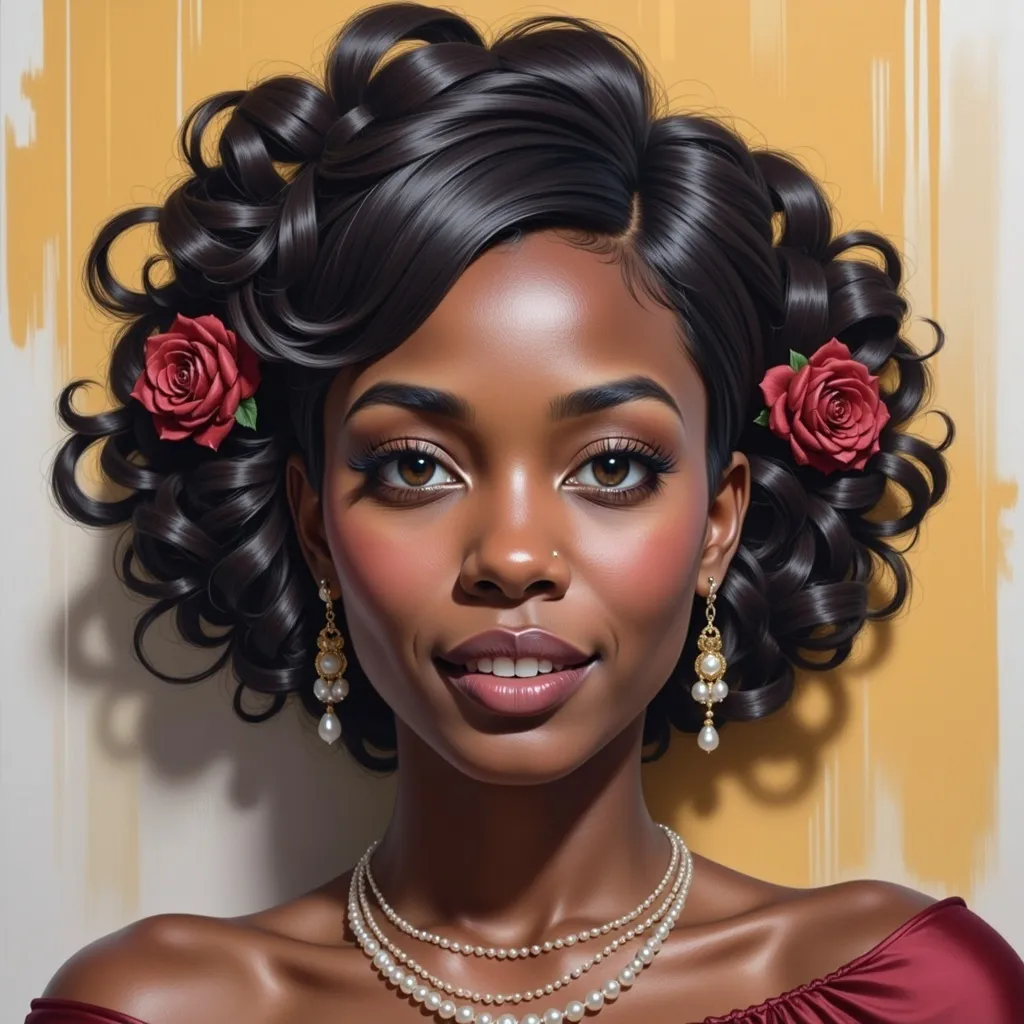 Prompt: a woman with a red dress and flowers in her hair and a red rose in her hair and a yellow background, Edwin Georgi, figurative art, highly detailed digital painting, a photorealistic painting