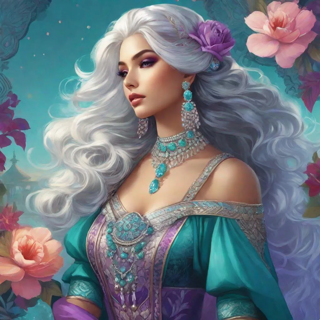 Prompt:  illustration of a young woman with beautiful silver hair, aqua and purple tones, elaborate jewelry, detailed makeup, colorful attire