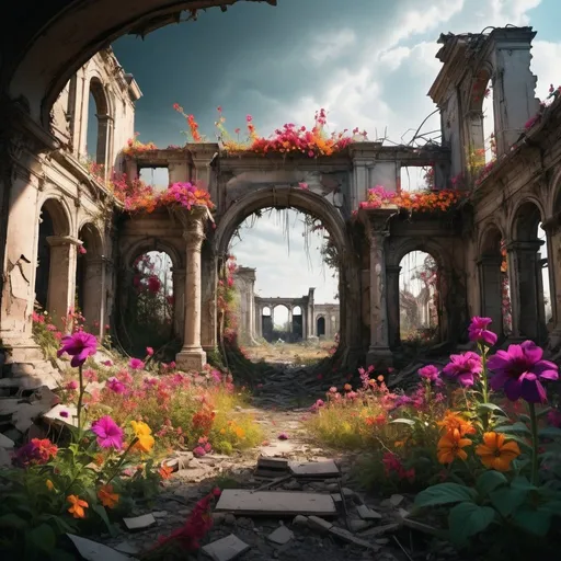 Prompt: Apocalyptic ruins with vibrant flowers, detailed petals, post-apocalyptic, high contrast, surreal, vibrant colors, overgrown with flora, high quality, detailed, post-apocalyptic, surreal, vibrant, intense lighting, dramatic composition