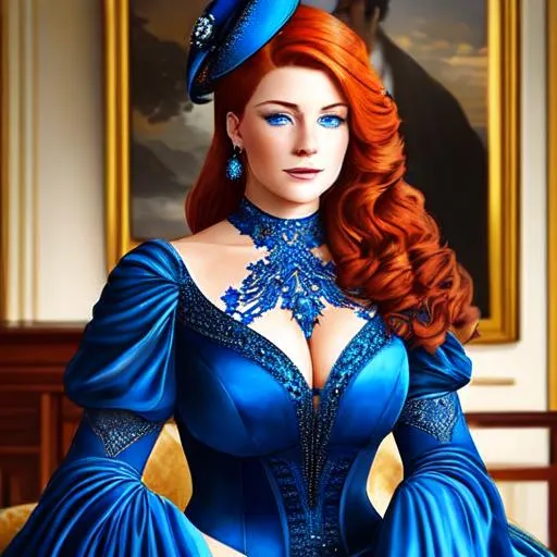 Prompt: Beautiful woman with blue eyes & Auburn hair, blue jewelry, intricate oval face, elegant & elaborate blue formal dress with velvet and lace detailing, blue milliner's hat, fair skin, upturned nose, full bosomy figure, blue high heels, sitting for a portrait, 8k, realistic, elegant, detailed, formal attire, intricate jewelry, portrait sitting, blue color scheme, fair complexion, exquisite hair, high-quality lighting