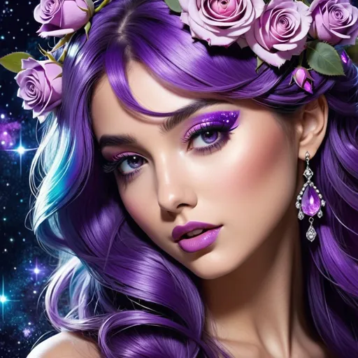 Prompt: Cosmic Epic Beauty, Beautiful and Gorgeous, purple roses in hair