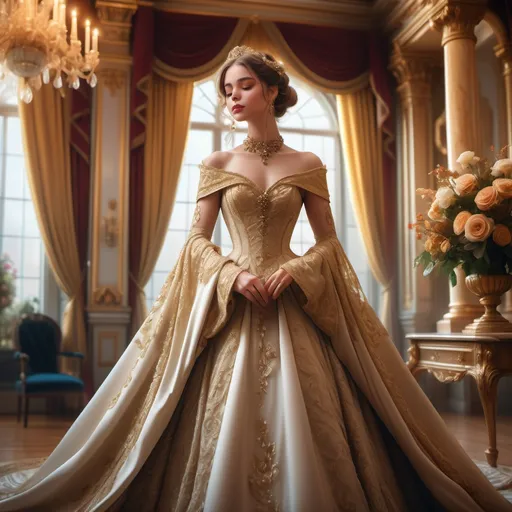 Prompt: A Victorian princess, elegantly dressed in an exquisite gown adorned with intricate lace and flowing silk, captured in a regal pose, soft natural light illuminating the scene, opulent palace background filled with golden details, lush velvet drapes, vibrant floral arrangements, a touch of whimsy and elegance, dreamlike atmosphere, ultra-detailed, 4K, capturing timeless beauty and grace.