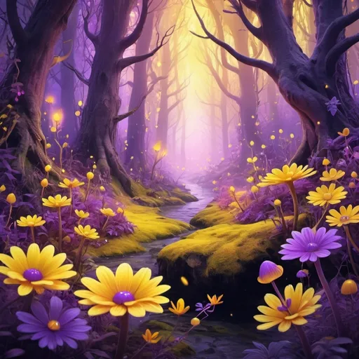 Prompt: Vibrant digital illustration of a mystical forest, vivid yellow and purple hues, magical glowing flowers, enchanting fairytale atmosphere, whimsical creatures, high-quality, highres, vibrant, digital art, fantasy, mystical, mystical forest, glowing flowers, enchanting, whimsical creatures, vibrant yellow and purple, magical, fairytale atmosphere