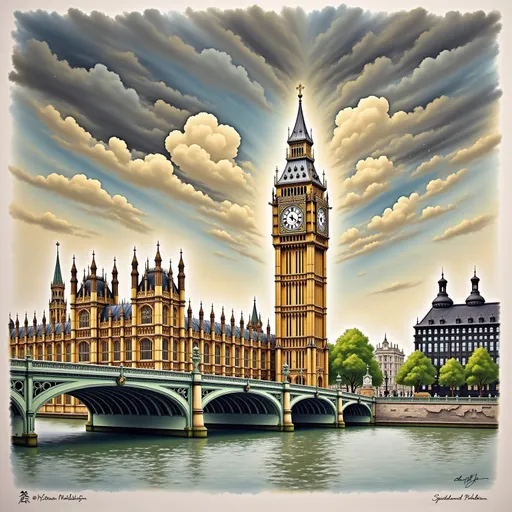 Prompt: a drawing of a clock tower with a bridge in the background and a cloudy sky above it, with a bridge in the foreground, Colin Middleton, modern european ink painting, detailed illustration, an ultrafine detailed painting