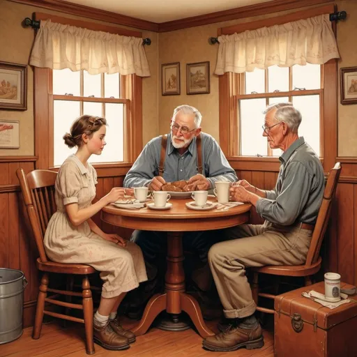 Prompt: Norman Rockwell style illustration, detailed and warm Americana, nostalgic characters, cozy and inviting atmosphere, high quality, traditional art, warm tones and soft lighting, heartwarming storytelling