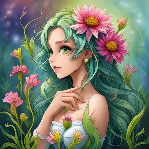 Prompt: a fairy of spring, Sbitley Temple curls, ,wildflowers, vivid colors, closeup