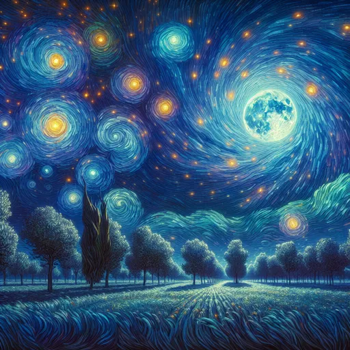 Prompt:  a full moon and stars in the sky above a field with trees, Van Gogh sky,   Dan Mumford, psychedelic art, highly detailed digital painting, a detailed painting, blue colors dominate