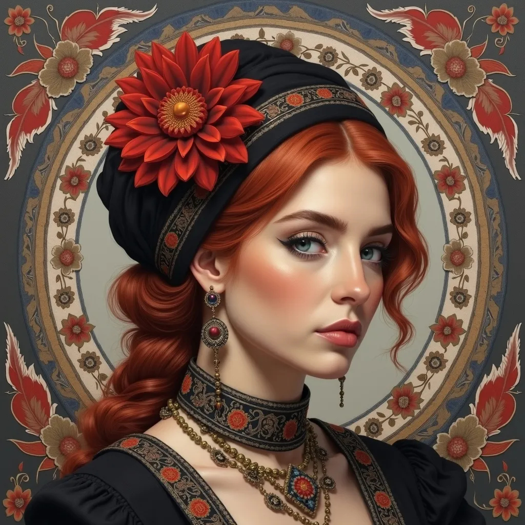 Prompt: a painting of a woman with red hair and a red flower in her hair, wearing a black dress and a red headband, Altoon Sultan, qajar art, highly detailed digital painting, a detailed painting