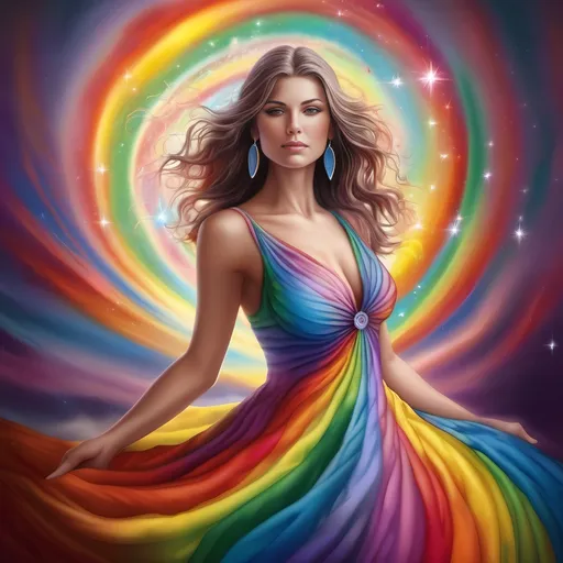 Prompt: a woman in a colorful dress with a rainbow swirl around her body and a star in the background with a rainbow swirl around her body, Anne Stokes, psychedelic art, highly detailed digital painting, an ultrafine detailed painting