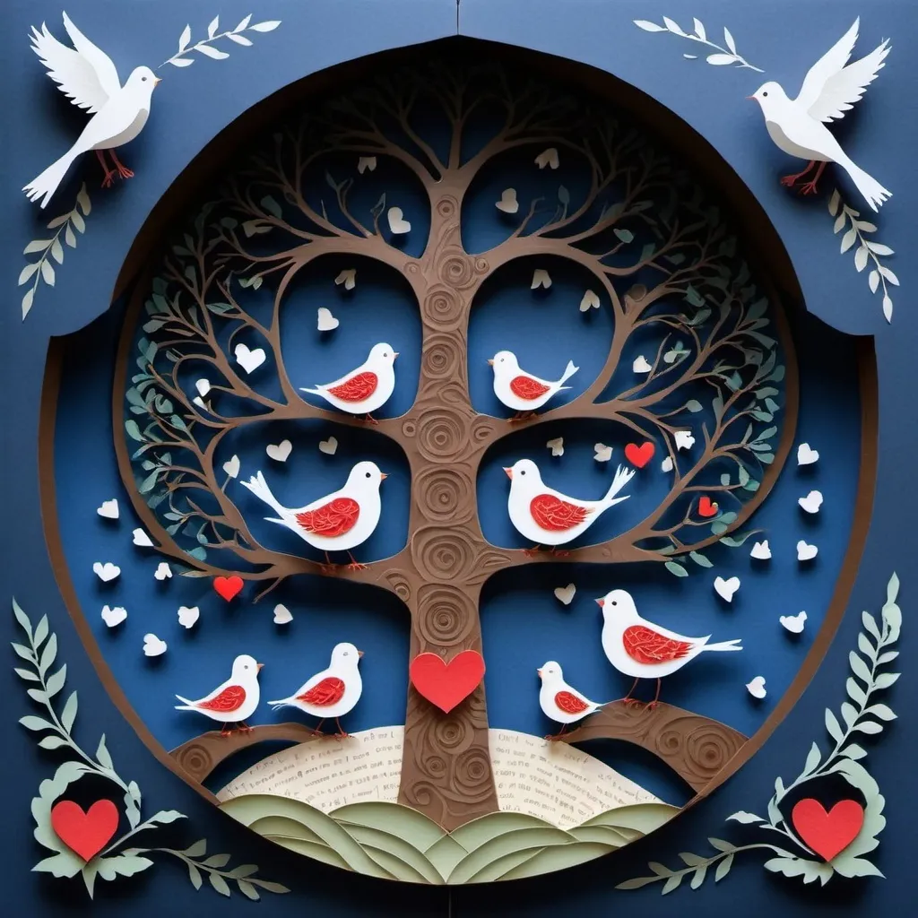 Prompt: a tree with hearts and birds on it with a sky background and a sky background with a heart tree, Annabel Kidston, folk art, love, a storybook illustration