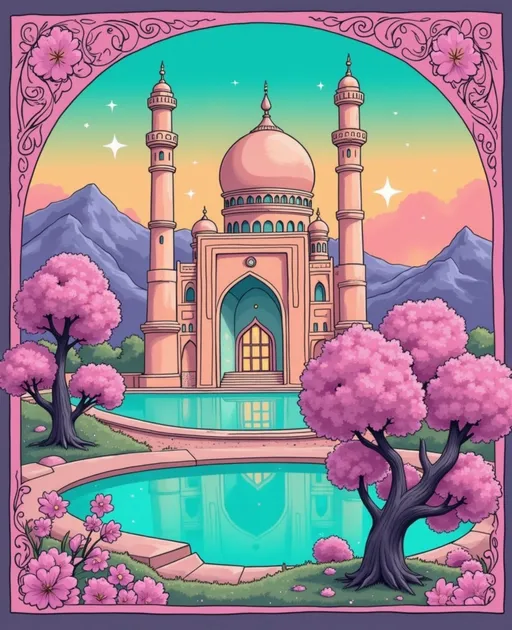 Prompt: This is a digital illustration in a vibrant, fantasy style. The central subject is a grand, pinkish-tan mosque with a large central dome and two tall minarets. The mosque's architecture features intricate arches and windows, with a teal-colored archway at the entrance. The mosque is surrounded by a turquoise reflecting pool, which mirrors its image. In the foreground, there are two pink cherry blossom trees with lush, pink flowers. The background includes a range of purple and blue mountains under a sky that transitions from teal at the top to pink and orange near the horizon. The sky is dotted with small, twinkling stars. The entire scene is framed by an ornate, pink border with floral patterns. The mosque's dome has a small clock, and the minarets have small windows near their tops. The overall color palette is bright and contrasting, with a mix of pinks, teals, oranges, and purples. The texture of the illustration is smooth, with clean lines and vibrant colors, giving it a whimsical and dreamlike quality.