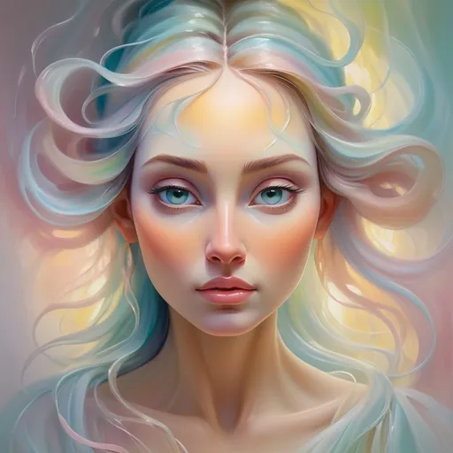 Prompt: Ethereal oil painting of a serene goddess, flowing pastel brushstrokes, surreal ethereal beauty, divine radiance, high quality, oil painting, serene beauty, pastel tones, soft lighting