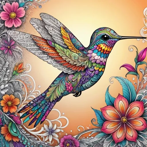 Prompt: (zentangle hummingbird), intricate patterns, graceful wings, elaborate detailing, vibrant colors, bold outlines, whimsical design, serene ambiance, floral accents, lush background, gentle flow of feathers, artistic expression, high contrast, eye-catching, mesmerizing composition, suitable for relaxation and mindfulness, ultra-detailed, harmonious aesthetics.