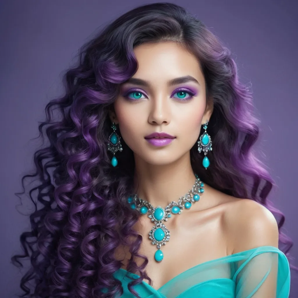 Prompt: <mymodel>An extremely gorgeous woman,  with turquoise jewels, in color scheme of purple, long curly hair