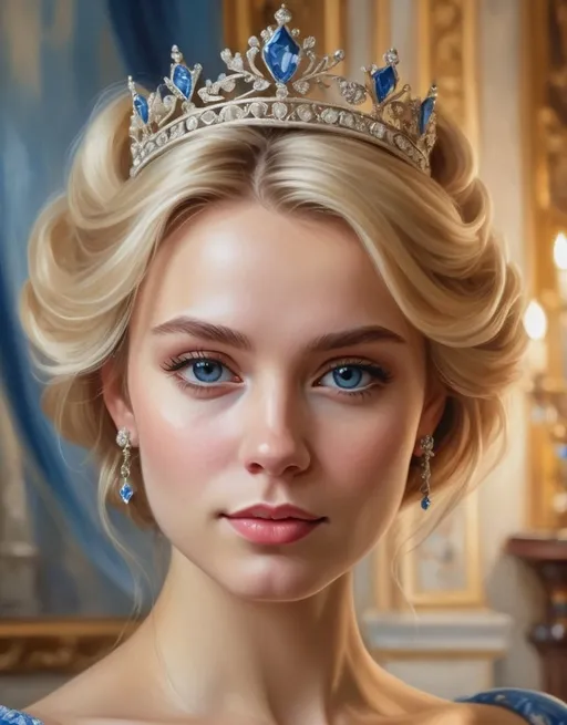 Prompt: High-quality, detailed portrait of a blonde princess with flowing blue dress and tiara, oil painting, elegant castle background, soft and warm lighting, detailed floral patterns, royal jewelry, realistic, oil painting, detailed eyes, flowing gown, tiara, elegant, royal, warm lighting, detailed portrait, blonde hair, castle background