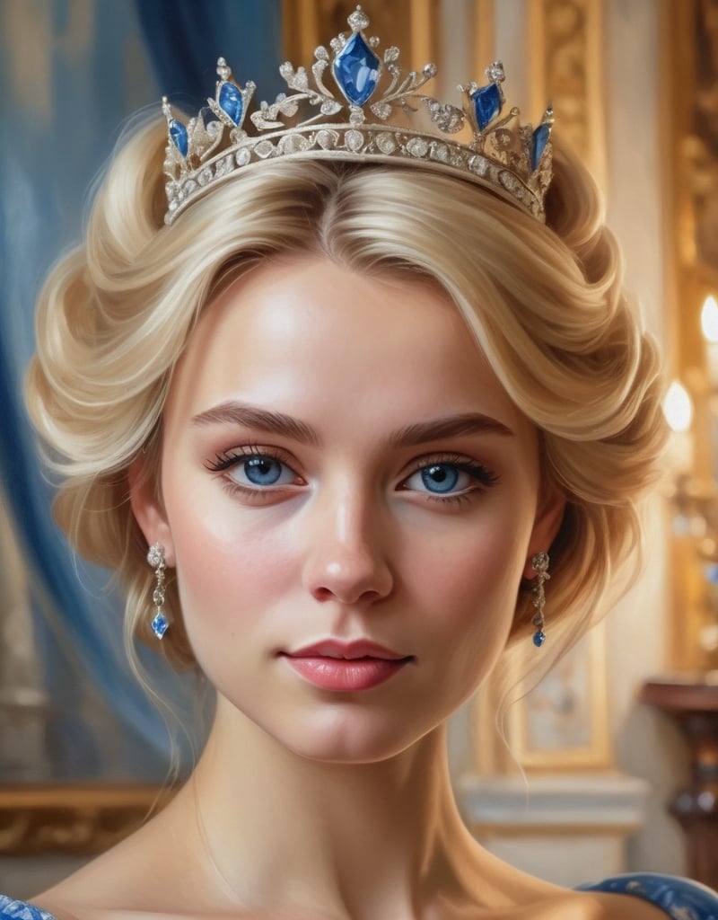 Prompt: High-quality, detailed portrait of a blonde princess with flowing blue dress and tiara, oil painting, elegant castle background, soft and warm lighting, detailed floral patterns, royal jewelry, realistic, oil painting, detailed eyes, flowing gown, tiara, elegant, royal, warm lighting, detailed portrait, blonde hair, castle background