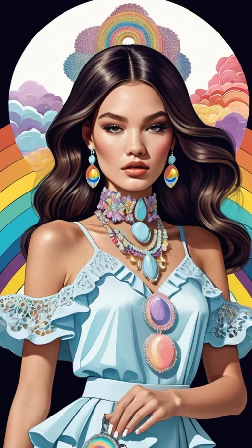 Prompt: fashion illustration, utopian streetwear boho outfit, cosmic 60s meets classy glam, opulent jewelry, sophisticated, long hair, captivating dynamic composition, ruffles, lace, puff sleeves, pastel rainbow colors, chinese