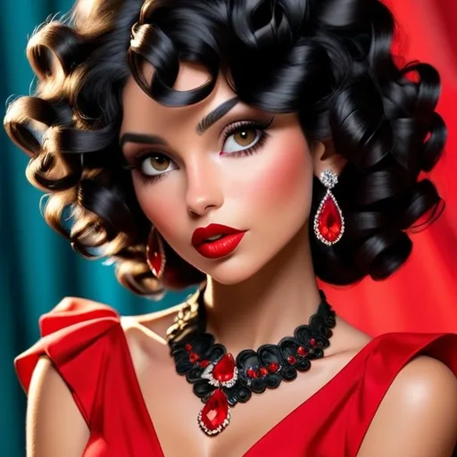 Prompt: Curly black hair, red lips, ruby jewelry, woman in red dress, high quality, detailed, close-up portrait, vibrant colors