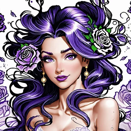 Prompt: Cosmic Epic Beauty, Beautiful and Gorgeous, purple roses in hair