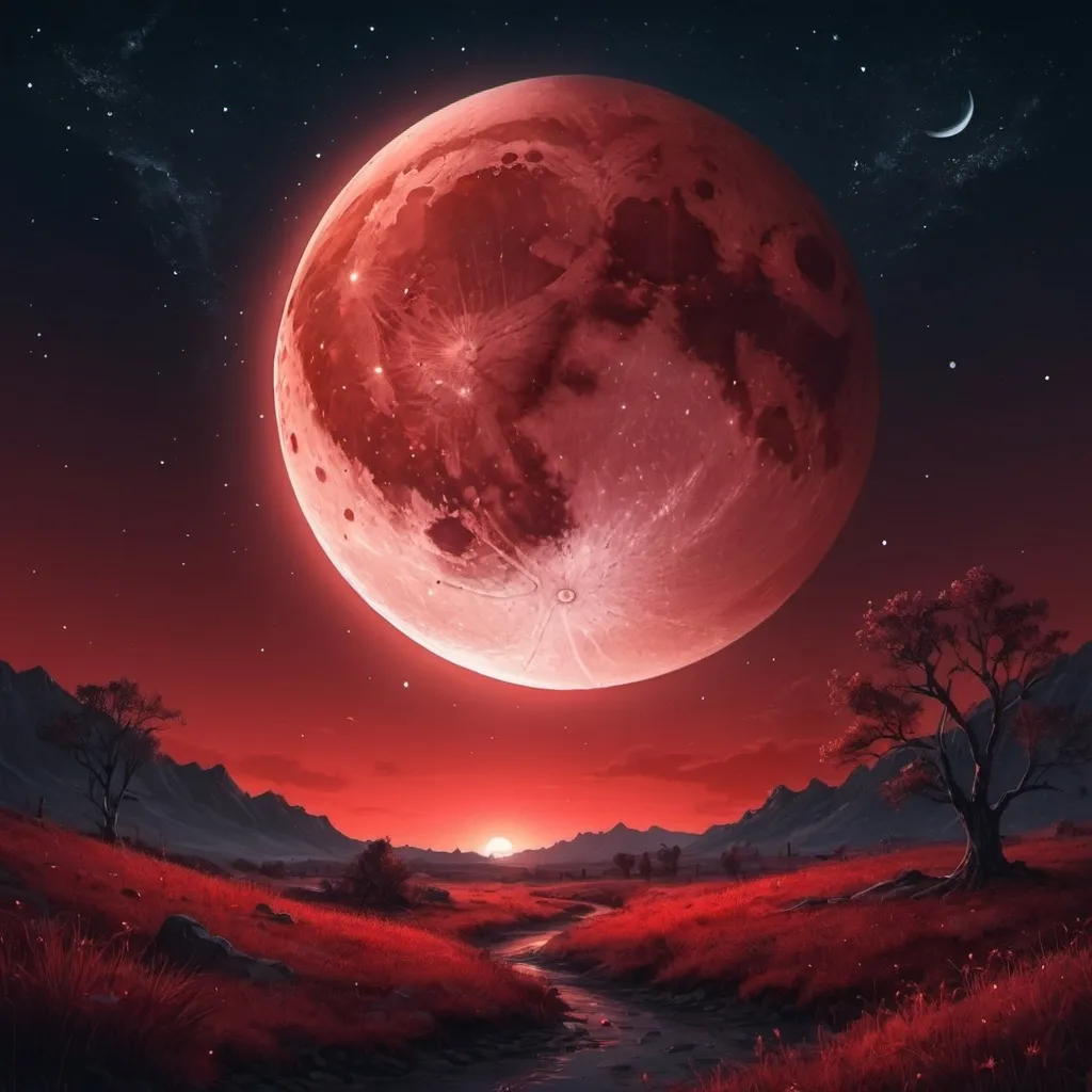 Prompt: masterpiece, 4k, hd , detailed, art , digital art, digital illustration, Crecent moon red glow, Night sky with stars