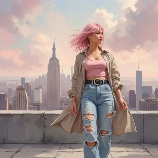 Prompt: This is a digital artwork in a realistic style depicting a young woman standing on a rooftop with a cityscape background. The woman has fair skin and pink, shoulder-length hair that is gently blowing in the wind. She is wearing a light pink, spaghetti-strap tank top.Over the tank top, she has a beige, unbuttoned trench coat that drapes over her shoulders. Her high-waisted, light blue jeans are heavily distressed with large rips on both thighs and knees, revealing patches of her skin. She is also wearing a black belt with a large, circular gold buckle. 

In the background, there is a city skyline featuring tall skyscrapers, with the most prominent building being a slender, needle-like tower, reminiscent of the Empire State Building. The sky is filled with soft, pastel-colored clouds, suggesting either dawn or dusk. The rooftop is made of concrete, with visible seams and textures. The overall color palette of the image is muted and soft, with pastel pinks, beiges, and blues, giving it a dreamy, almost ethereal quality. The woman's confident and relaxed posture, combined with the serene yet urban backdrop, creates a striking contrast.