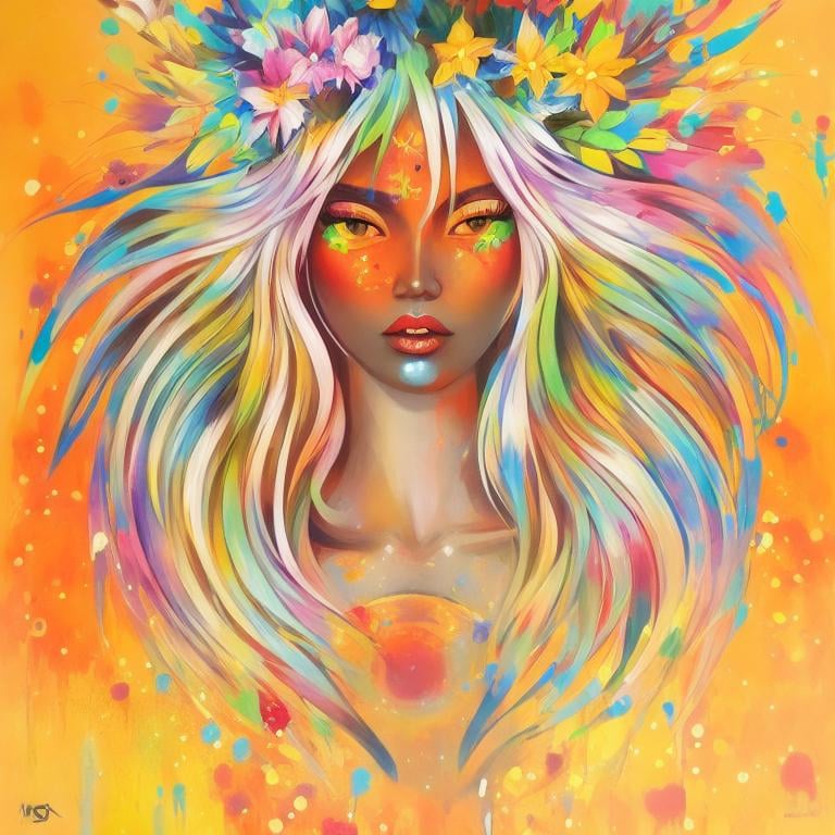 Prompt: Flower Siren graffiti art, splash art, street art, spray paint, oil gouache melting, acrylic, high contrast, colorful polychromatic, ultra detailed, ultra quality, CGSociety