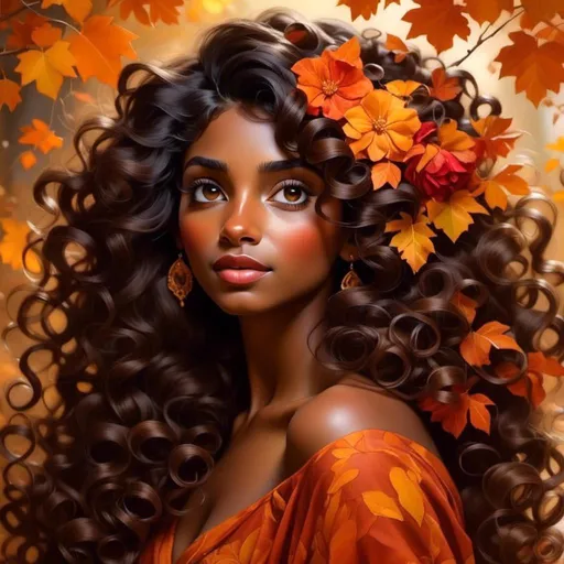 Prompt: <mymodel>Woman with dark skin, warm autumn colors, facial closeup