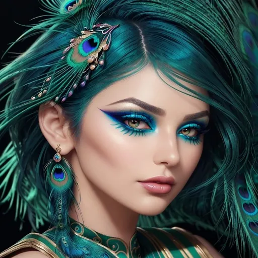 Prompt: <mymodel> Gorgeous woman with beautiful makeup and hair, peacock feathers in her hair, high-quality, detailed, realistic, elegant, vibrant colors, professional makeup, glamorous lighting, 4k resolution, portrait, detailed facial features, luxurious, exotic, peacock feathers, elegant hairstyle, stunning makeup, beauty shot
