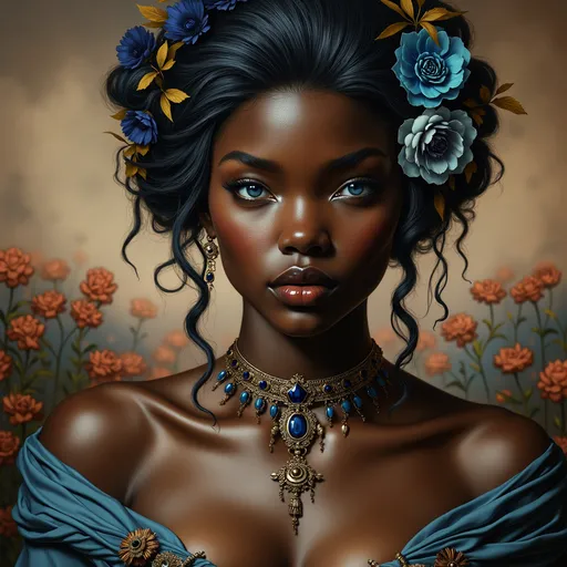 Prompt: a  black woman with a blue eyes wearing a blue  dress and a flower in her hair and a necklace with flowers in her hair, Artgerm, fantasy art, highly detailed digital painting, a photorealistic painting