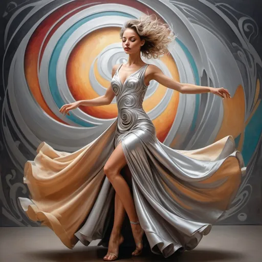 Prompt: a woman in a silver dress is dancing with a swirly background and a circular design behind her,, Fabien Charuau, arabesque, highly detailed digital painting, an airbrush painting