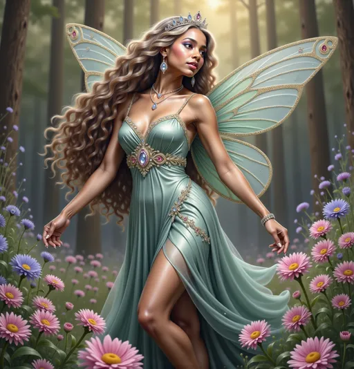 Prompt: In a vibrant, enchanted forest, a captivating fairy with shimmering, diaphanous wings dances among a kaleidoscope of blooming flowers, including soft pink daisies and delicate blue blossoms. Her flowing, mint-green gown, adorned with intricate floral details and a sparkling waistband, accentuates her ethereal presence. Golden sunlight filters through the trees, creating a magical glow that highlights her long, flowing hair and radiant expression as she gracefully reaches out, seemingly inviting onlookers into her whimsical realm. The scene evokes a sense of tranquility and wonder, blending the beauty of nature with an air of fantasy, capturing the imagination in a fleeting moment of enchantment.