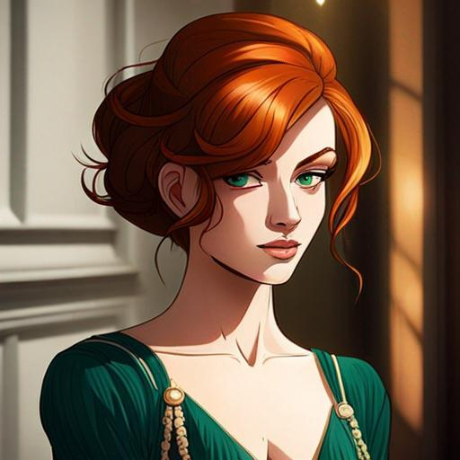 Prompt: Elegantly dressed lady,  emerald evening gown, ginger hair in an uodo, pretty makeup, facial closeup, in a cartoon style