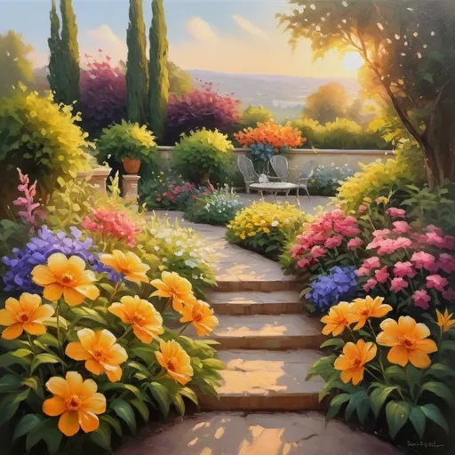 Prompt: Beautiful landscape, oil painting, vibrant flowers in a lush garden, golden hour lighting, high quality, realistic, impressionist style, vibrant colors, soft and warm lighting, detailed petals, serene atmosphere