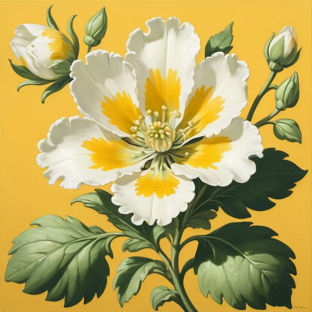 Prompt: a white and yellow flower with green leaves on a yellow background with a yellow background and a white and yellow flower, Annabel Kidston, rococo, artgem, a flemish Baroque