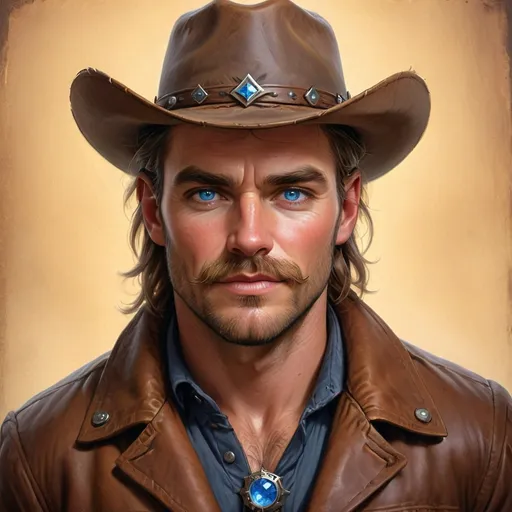 Prompt: With piercing blue eyes that seem to hold a story, a rugged cowboy gazes intensely at the viewer, exuding confidence and charisma. His strong facial features are enhanced by a well-groomed mustache and a slight smirk, framed by tousled hair peeking out from beneath a broad-brimmed hat adorned with a delicate blue stone. He wears a classic brown leather jacket over a light blue shirt, and a brown neckerchief is tied neatly around his neck, emphasizing his adventurous spirit. Set against a soft, neutral backdrop that enhances the warm tones of his attire, the image captures a blend of strength and charm, evoking the nostalgic allure of the Wild West. The overall composition radiates a sense of rugged masculinity and timeless bravado, suggesting tales of exploration and daring escapades.