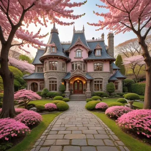 Prompt: Nestled amidst vibrant pink cherry blossom trees, a whimsical mansion exudes a fairytale charm, adorned with intricate architectural details and a slate-blue roof. The structure, enveloped in lush greenery, features large window panes that reflect the soft golden light of a serene afternoon, casting a warm glow over the meticulously landscaped garden. A winding stone pathway meanders through a riot of colorful flowers, including lavender and roses, which invite a sense of tranquility and enchantment. The composition is both inviting and magical, bringing forth a narrative of serene beauty and a peaceful retreat from the everyday hustle. The overall palette is a harmonious blend of soft pastels, enhancing the idyllic atmosphere that envelops this picturesque scene.