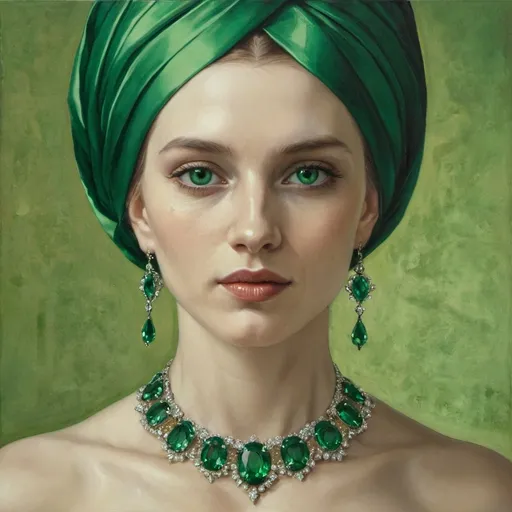 Prompt: a painting of a woman with fair skin  adorned with emeralds