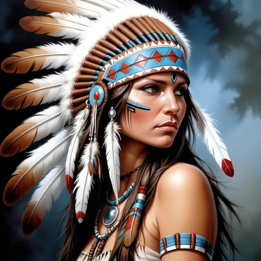 Prompt: a painting of a woman wearing a native american headdress and feathers on her head, looking to the side, Anne Stokes, fantasy art, highly detailed digital painting, an airbrush painting